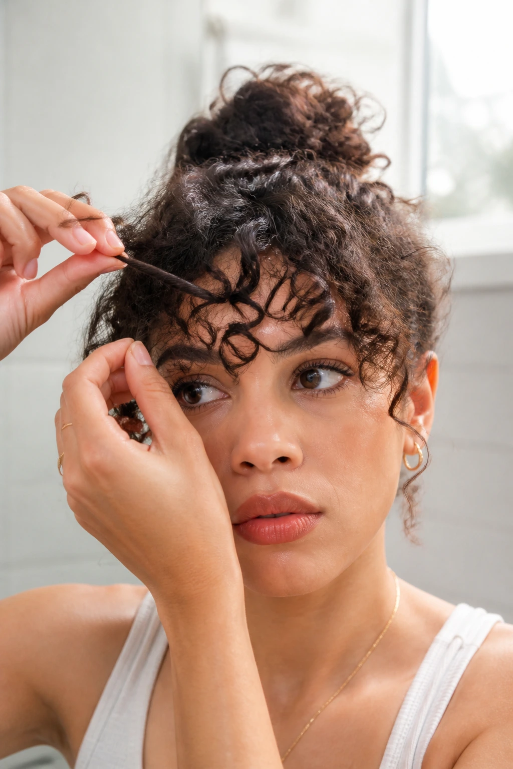 Curly bangs being finger-coiled on a real person in a bright bathroom