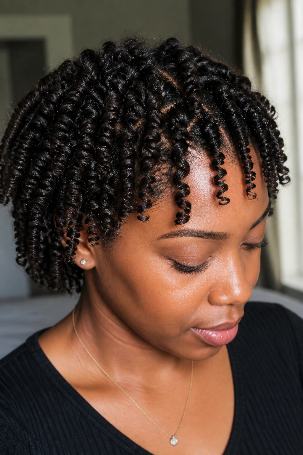 Close-up of a real woman with defined finger coils.