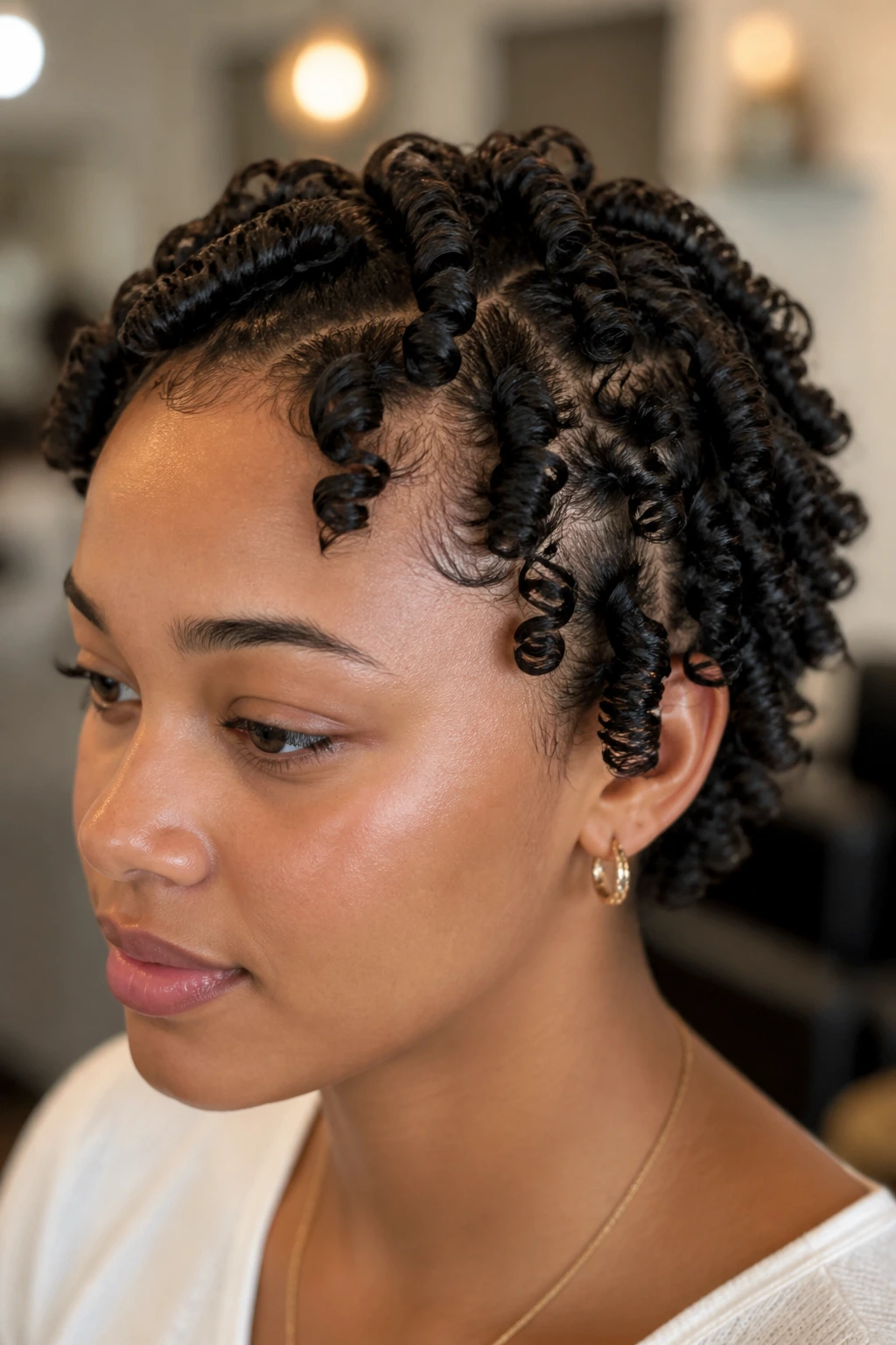 Portrait of real person with defined finger coils hairstyle