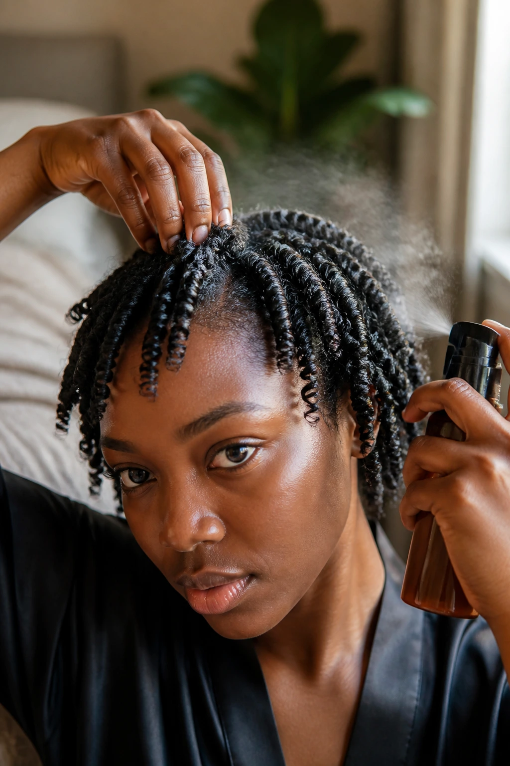 Close-up of a real woman with refreshed finger coils under soft window light
