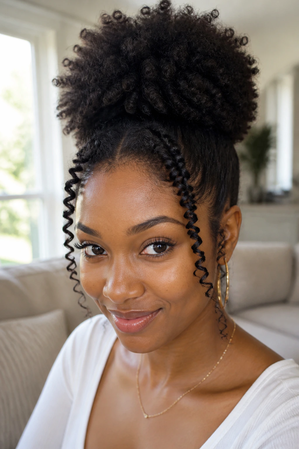 Face-framing finger-coiled tendrils with a high puff on a real person