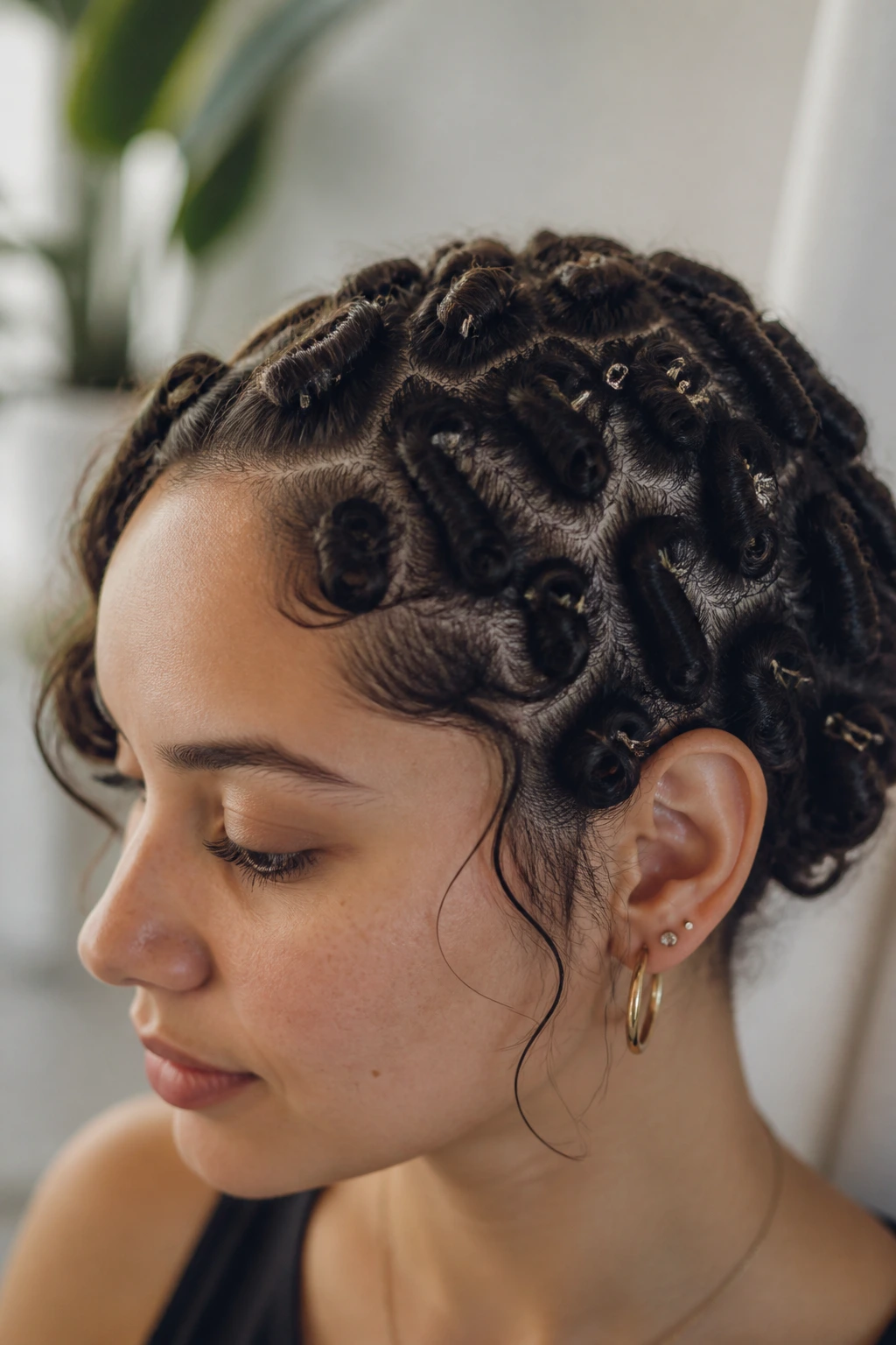 Close-up of a real woman with finger-coil pin curls defined along the scalp