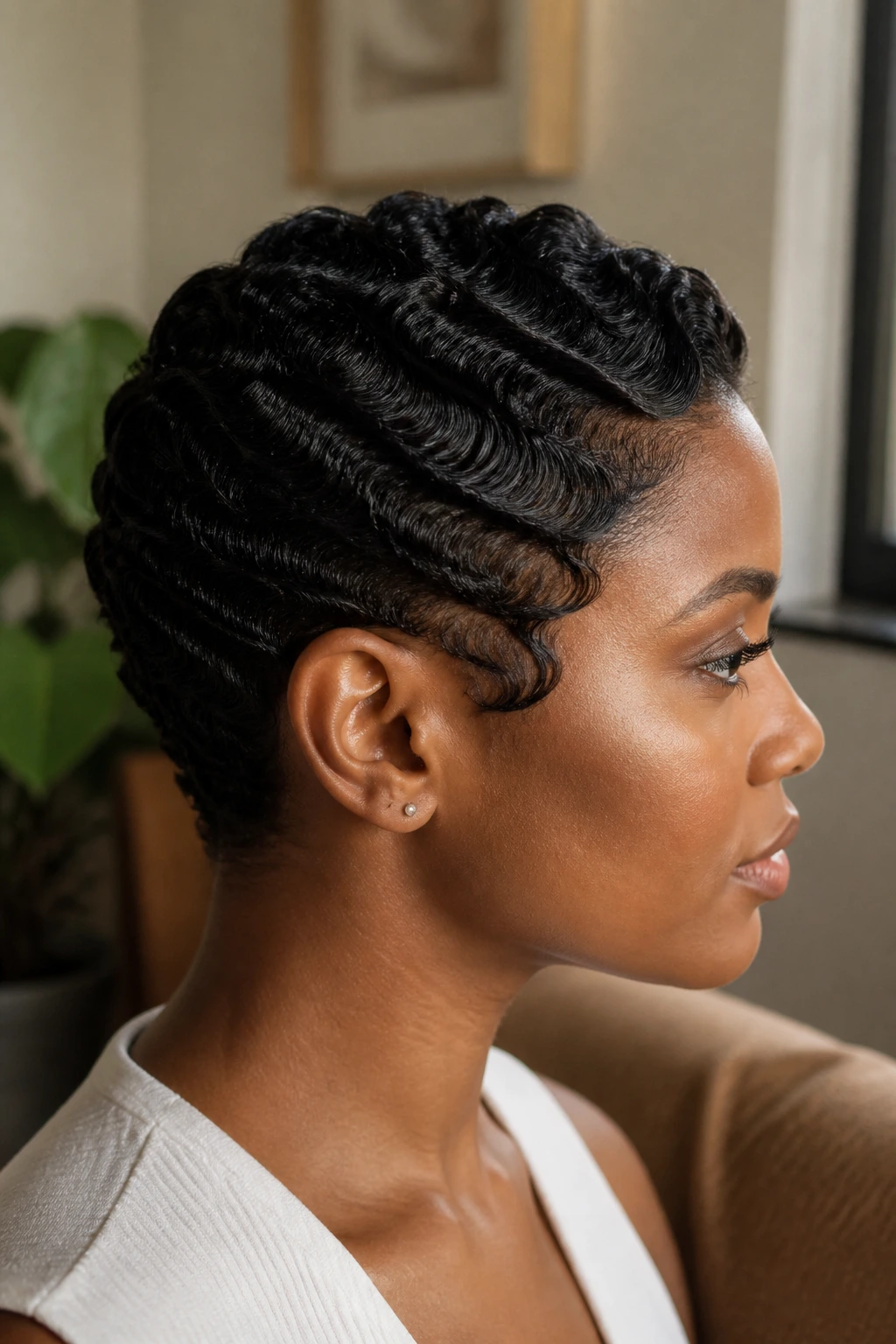 Side-profile of a real person with 4C finger-wave sculpted coils