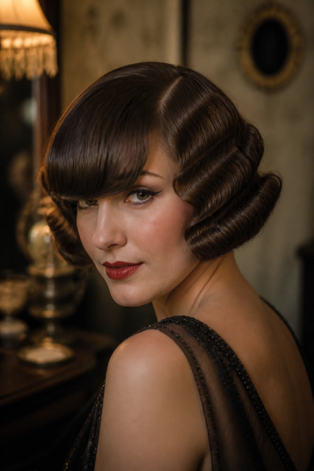 Close-up portrait of a woman with a 1920s finger wave bob and long bangs in warm vintage light