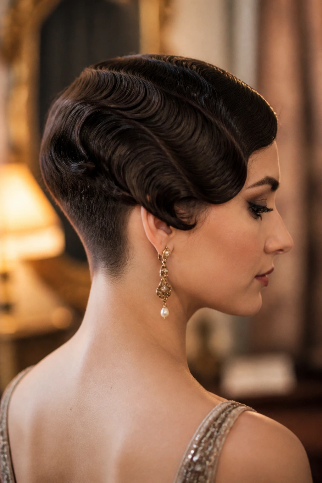 Real woman with 1920s finger-wave bob and undercut.