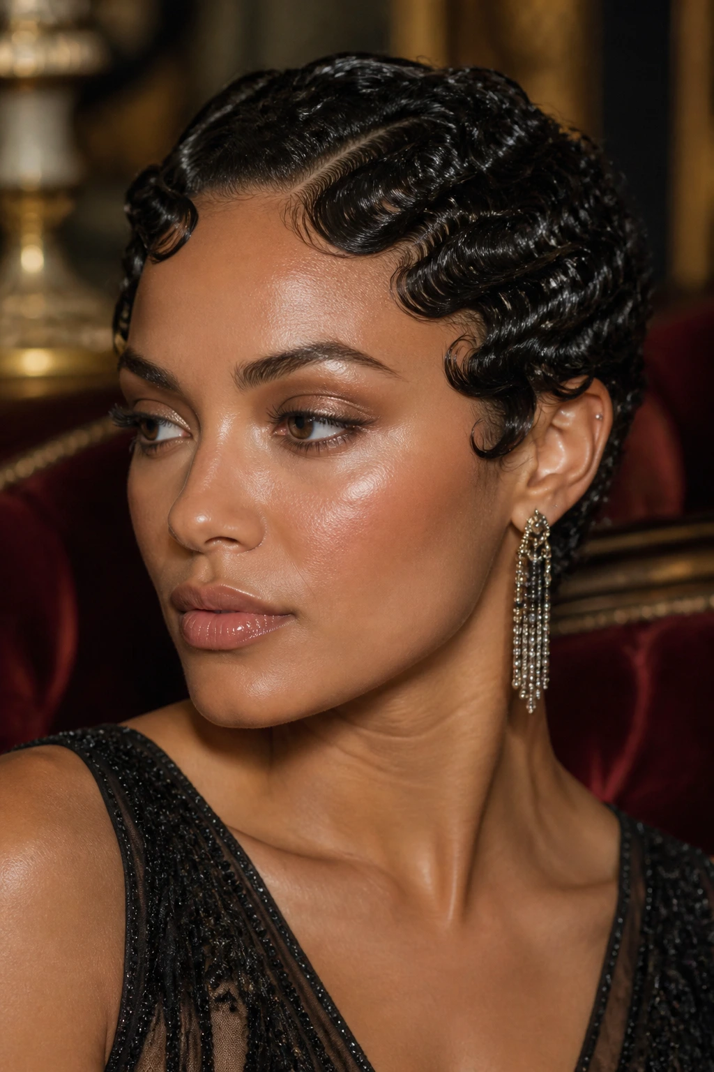 Person with finger-wave curls in a 1920s-inspired setting