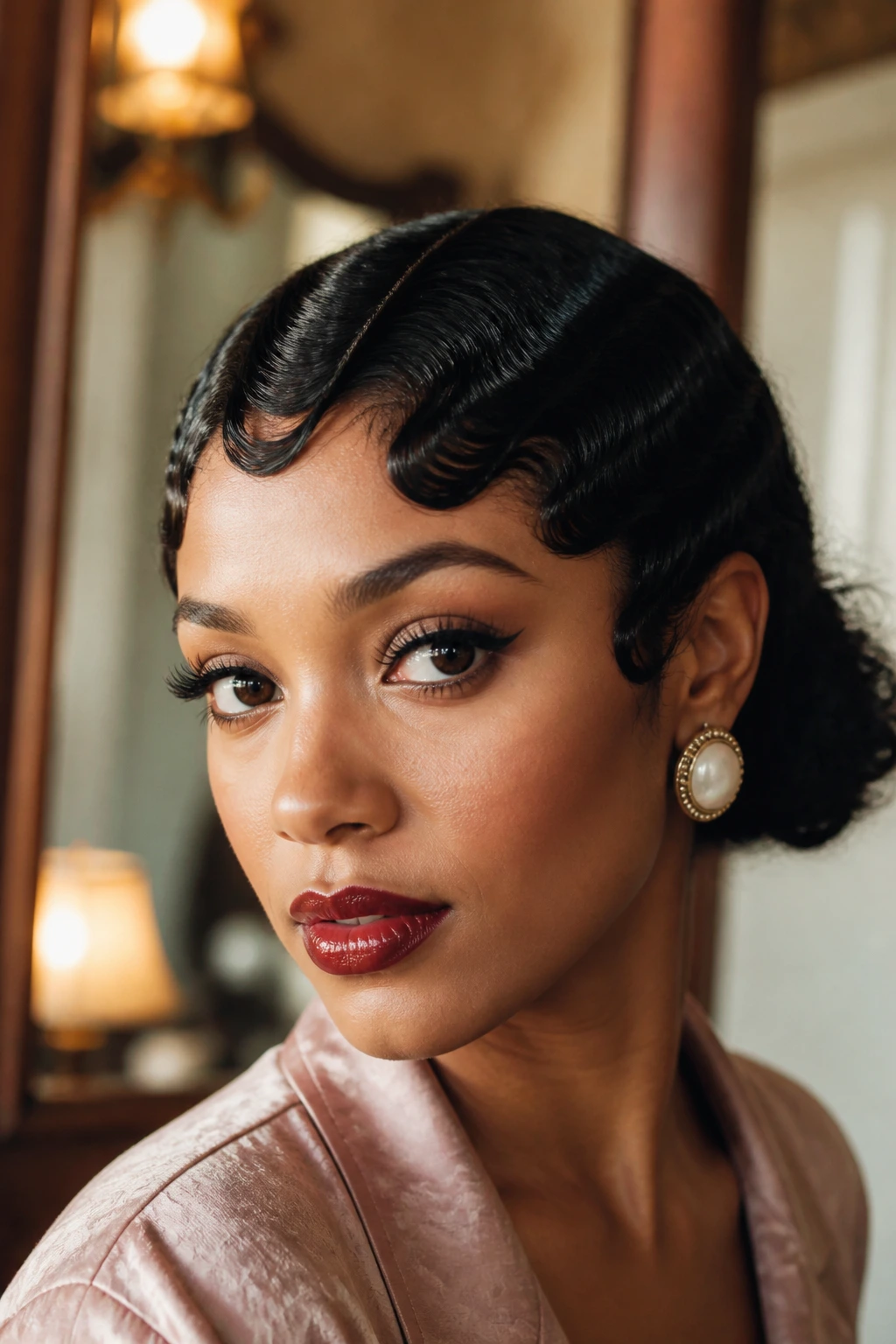 Close-up of real person with finger waved front bangs in retro lighting