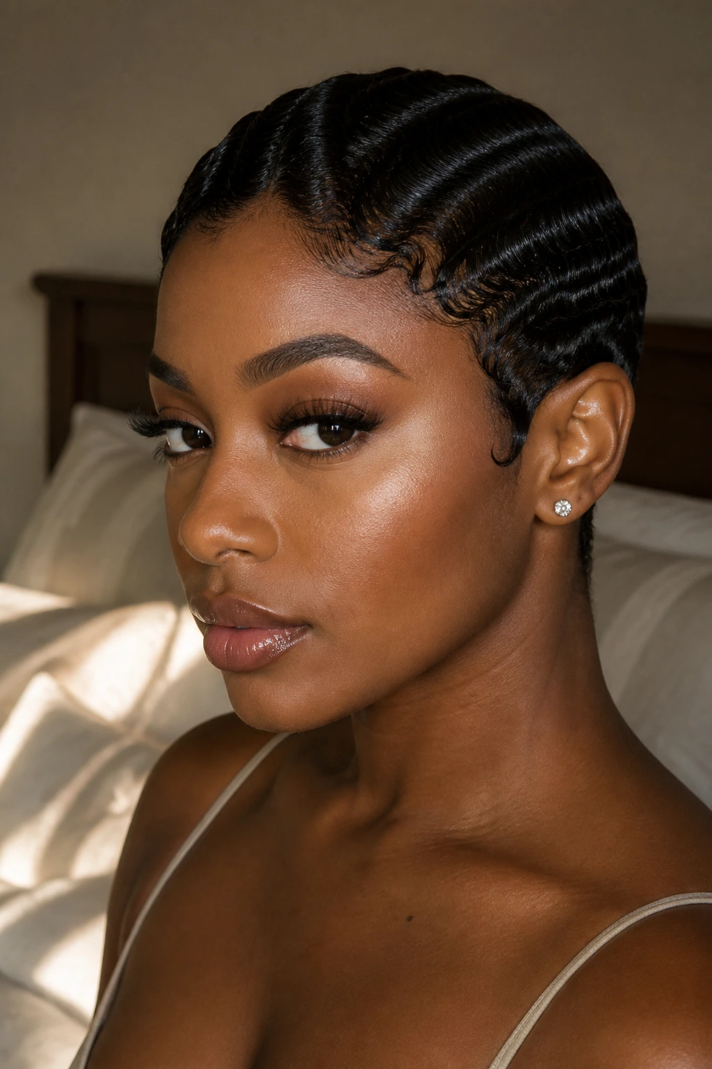 Close-up of a person with a sleek finger-waved crop on coily hair in a cozy bedroom
