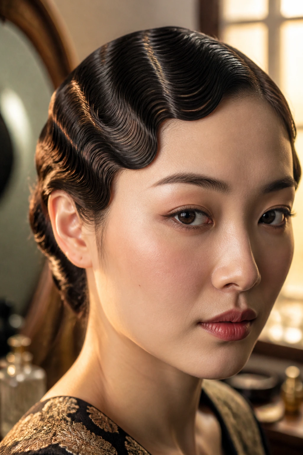 Close-up of Asian woman with finger waves on straight dark hair.