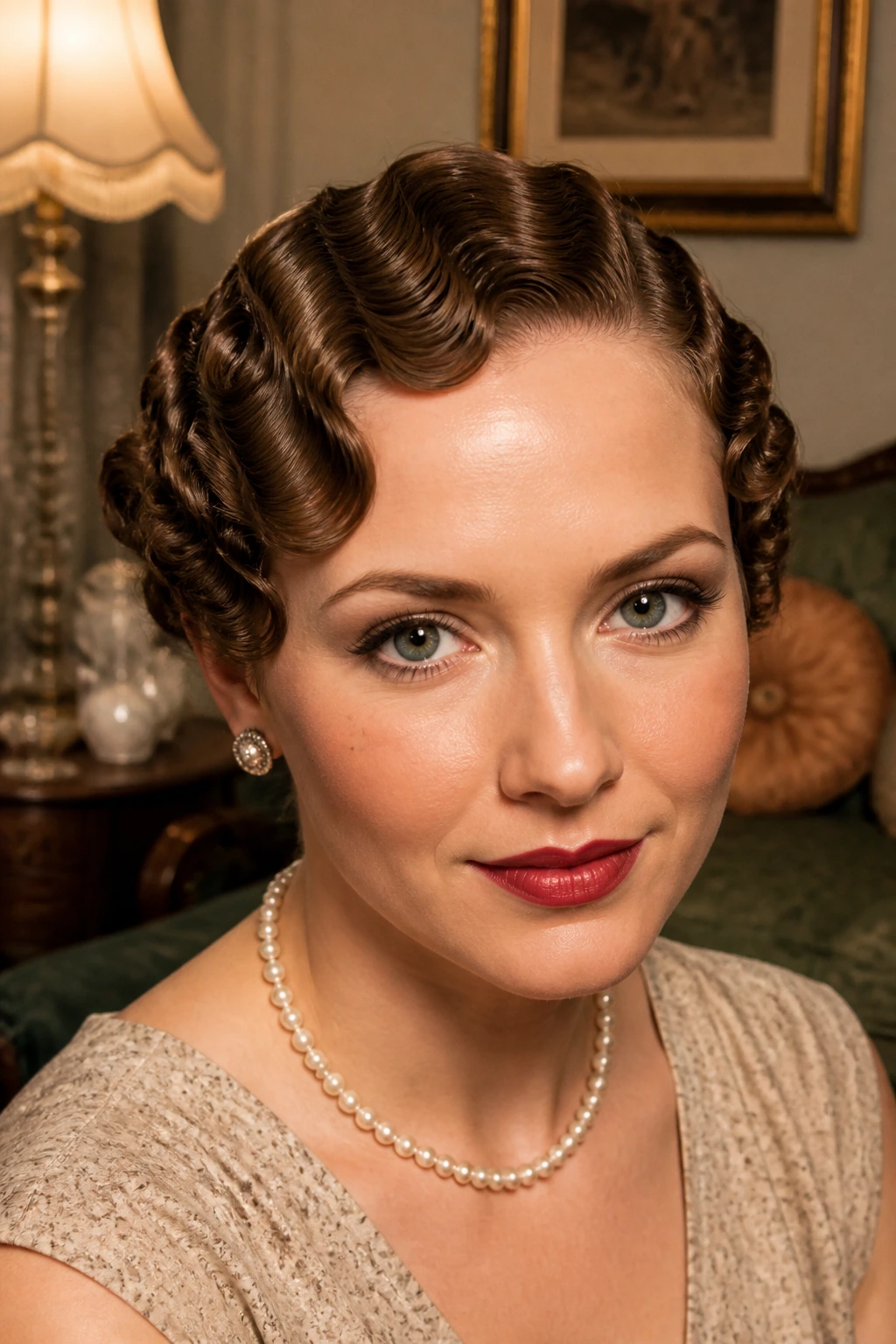 Real person with vintage Hollywood pin-pinned crop and finger waves