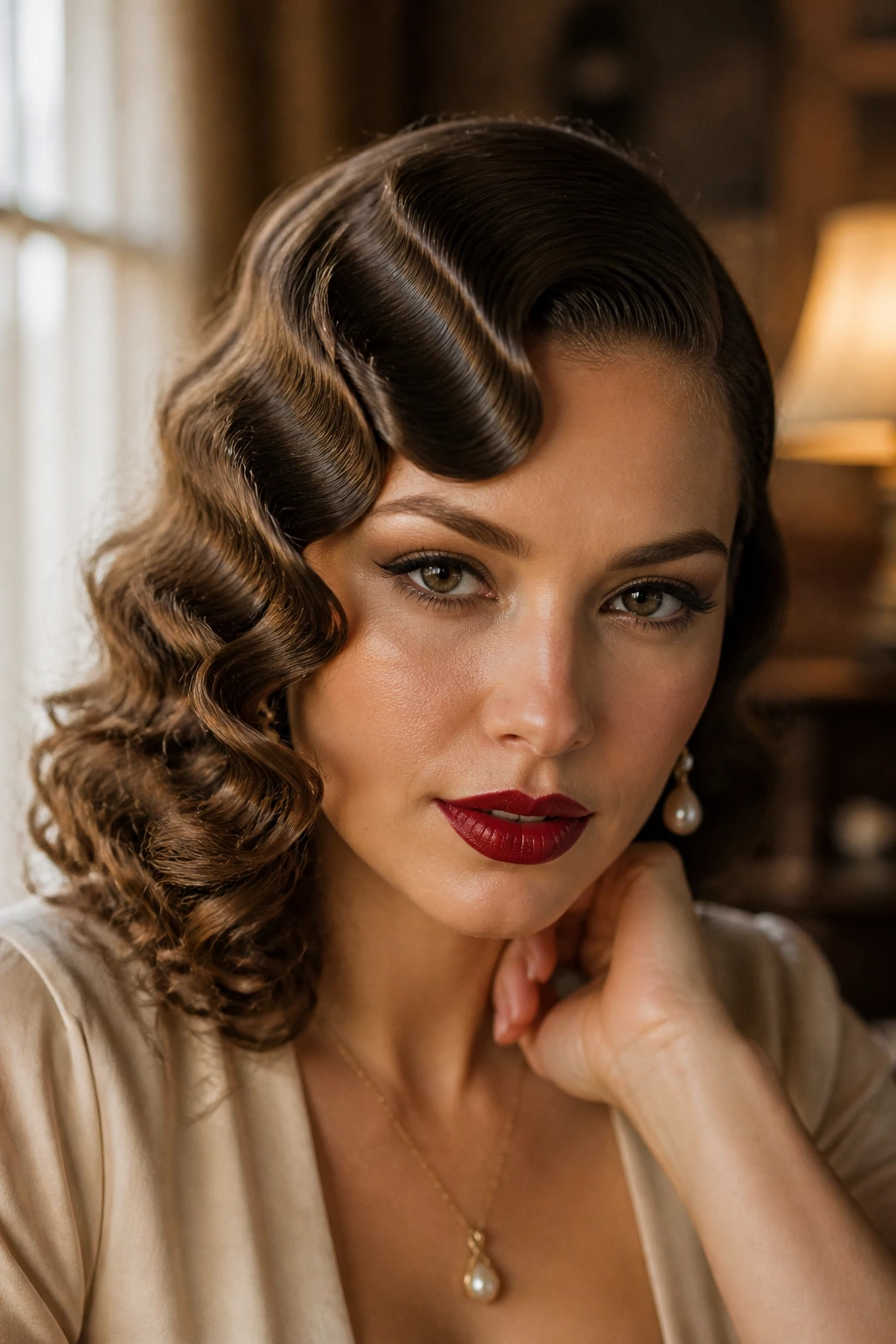 Portrait of a woman with deep side-part finger waves on curly hair.