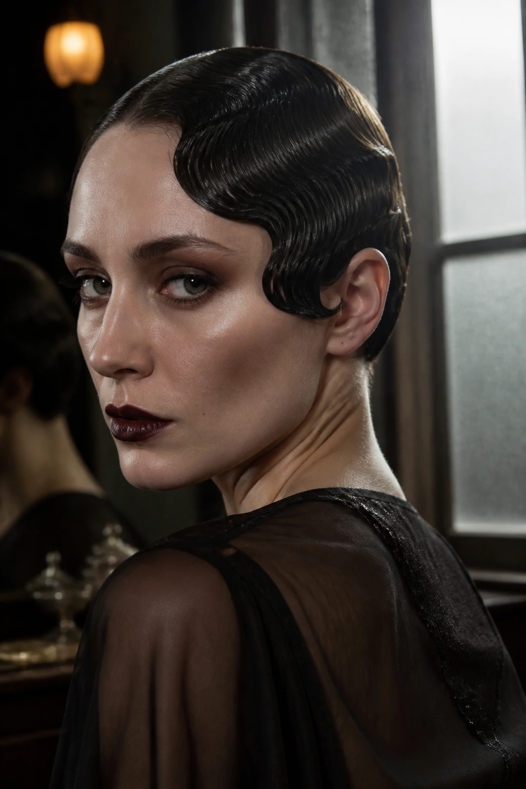 Close-up of a real woman's head showing hollow-cheeked finger waves with a matte finish