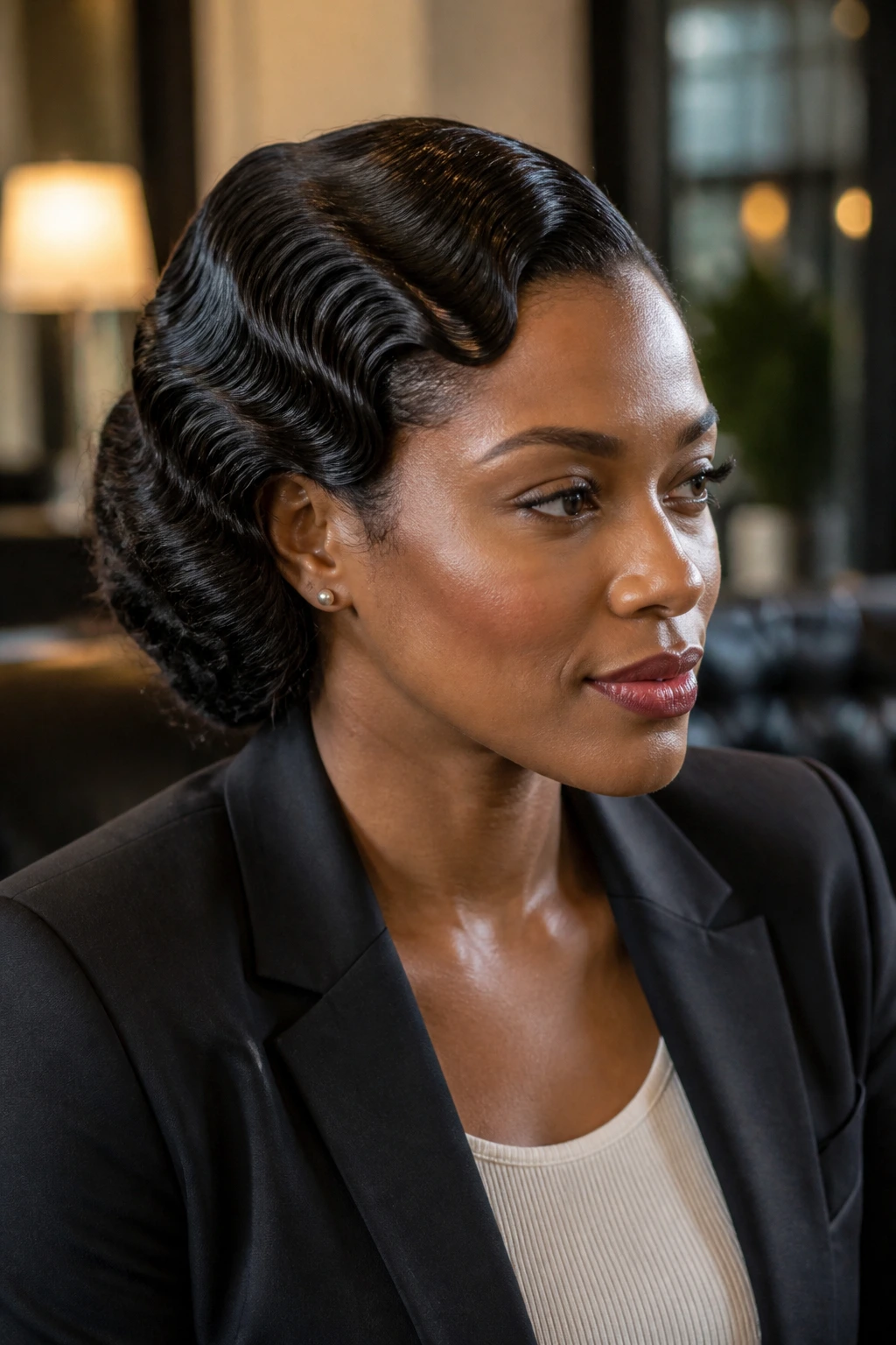 Close-up of a real person with side-swept finger waves in a professional office lounge.