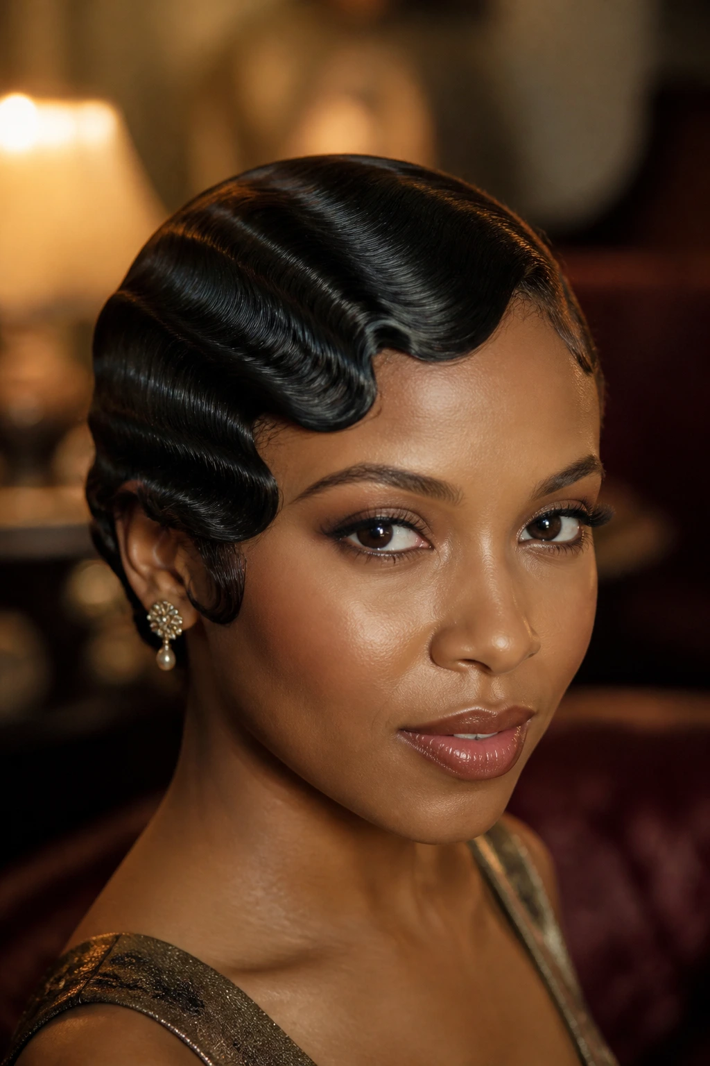 Close-up portrait of finger wave side bangs with S-shaped waves