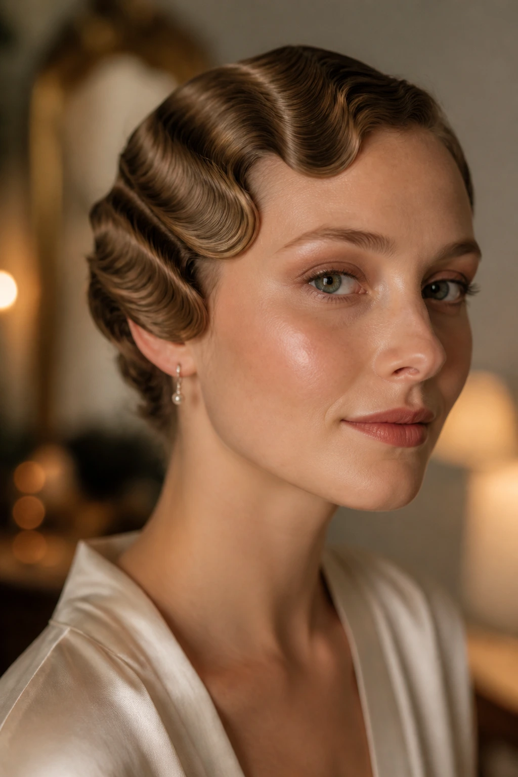 Close-up of a real woman with soft finger waves on fine hair.