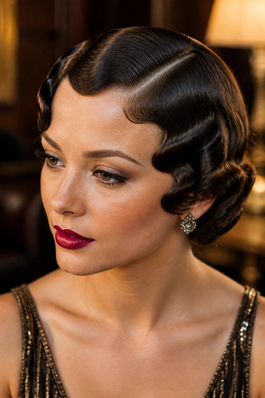 Close-up portrait of a woman with a classic finger wave hairstyle in a vintage setting