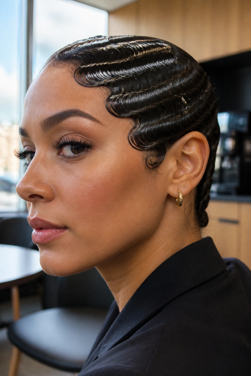 Close-up of a real woman with wet-look finger waves in an office setting