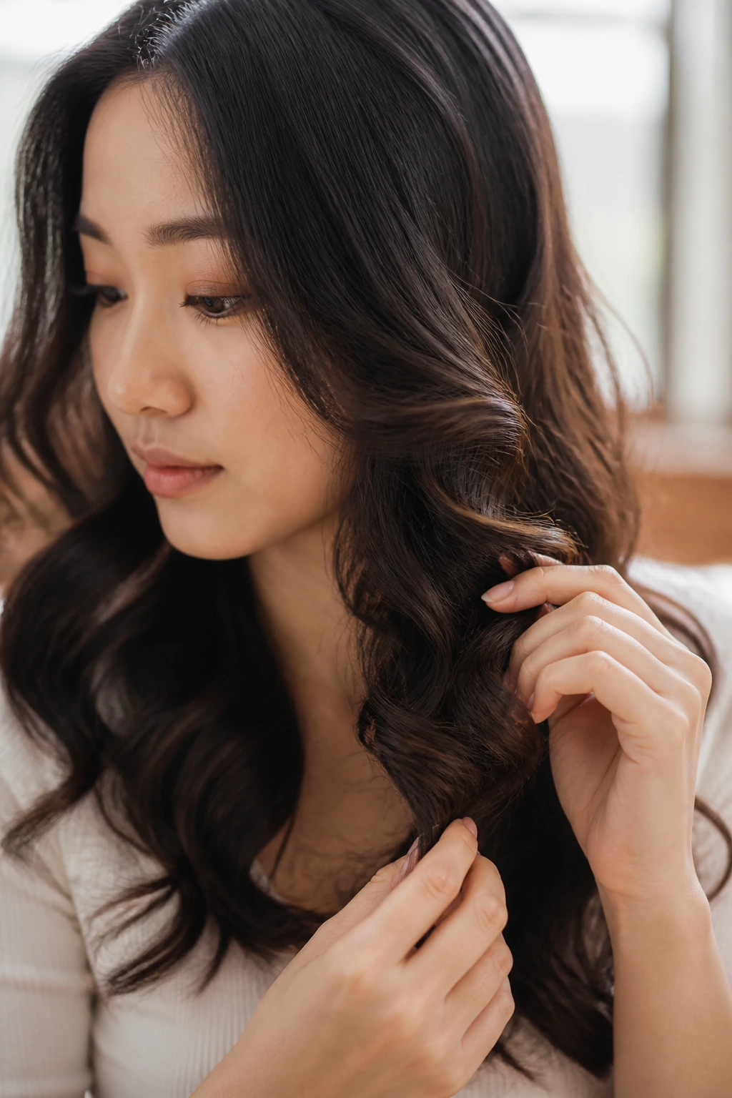 Close-up of fingers separating curls on real person