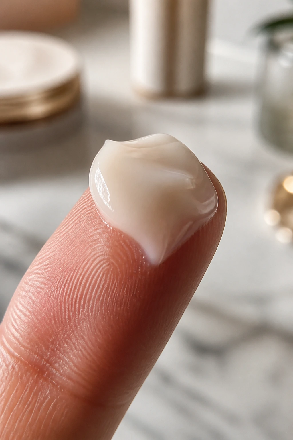 Close-up of finishing cream on fingertip with a bathroom vanity background