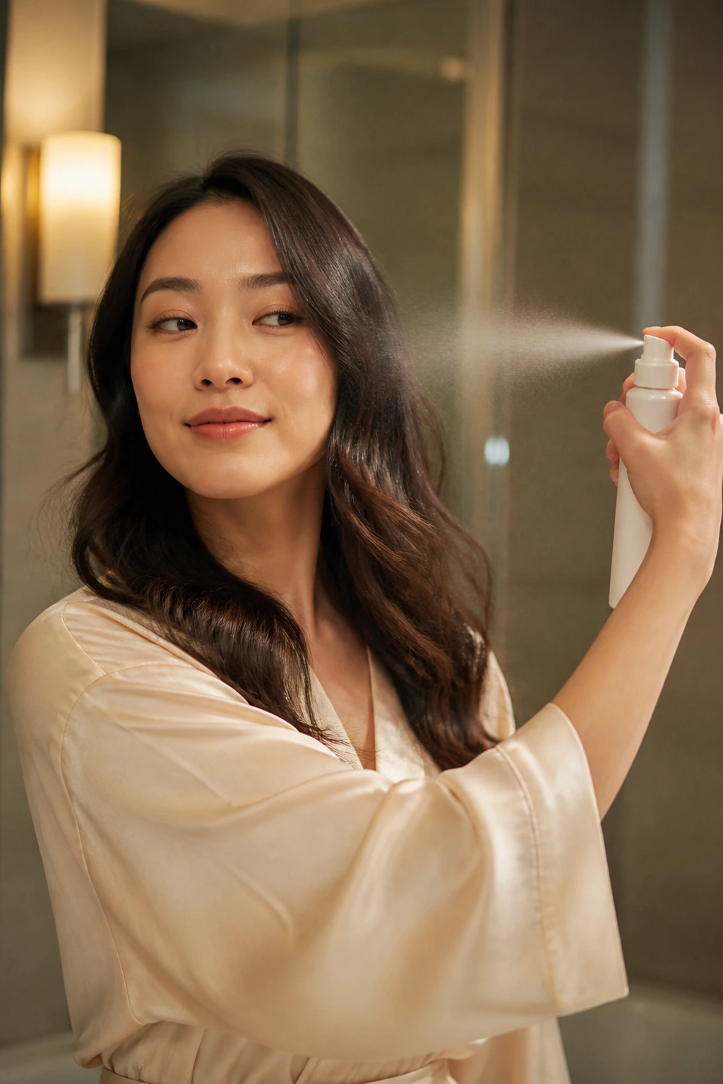 Real person applying light finishing mist to curls from distance