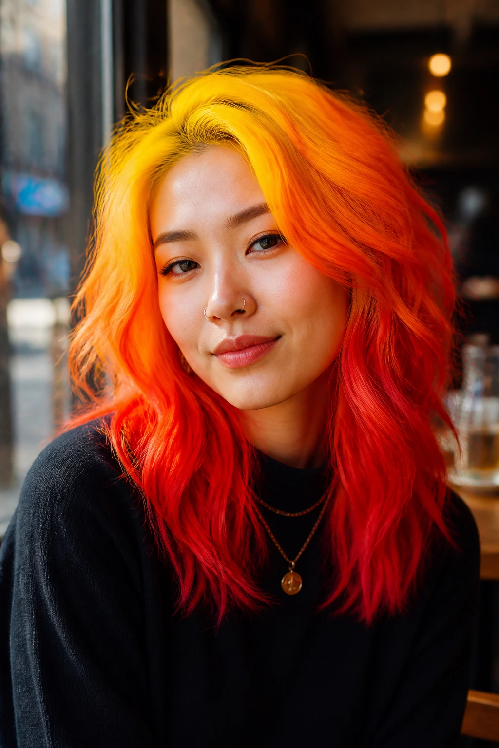 Real woman with fireball neon blend hair in cafe lighting