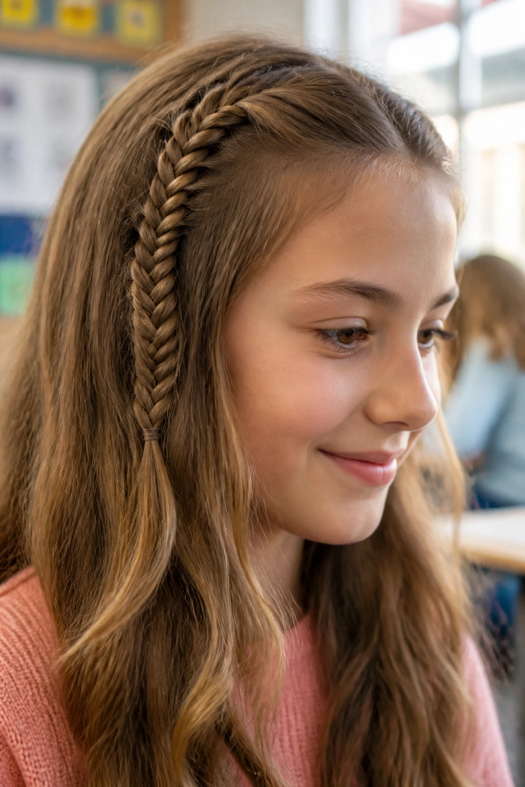 Close-up of a real girl with a fishbone braid accent in a school setting