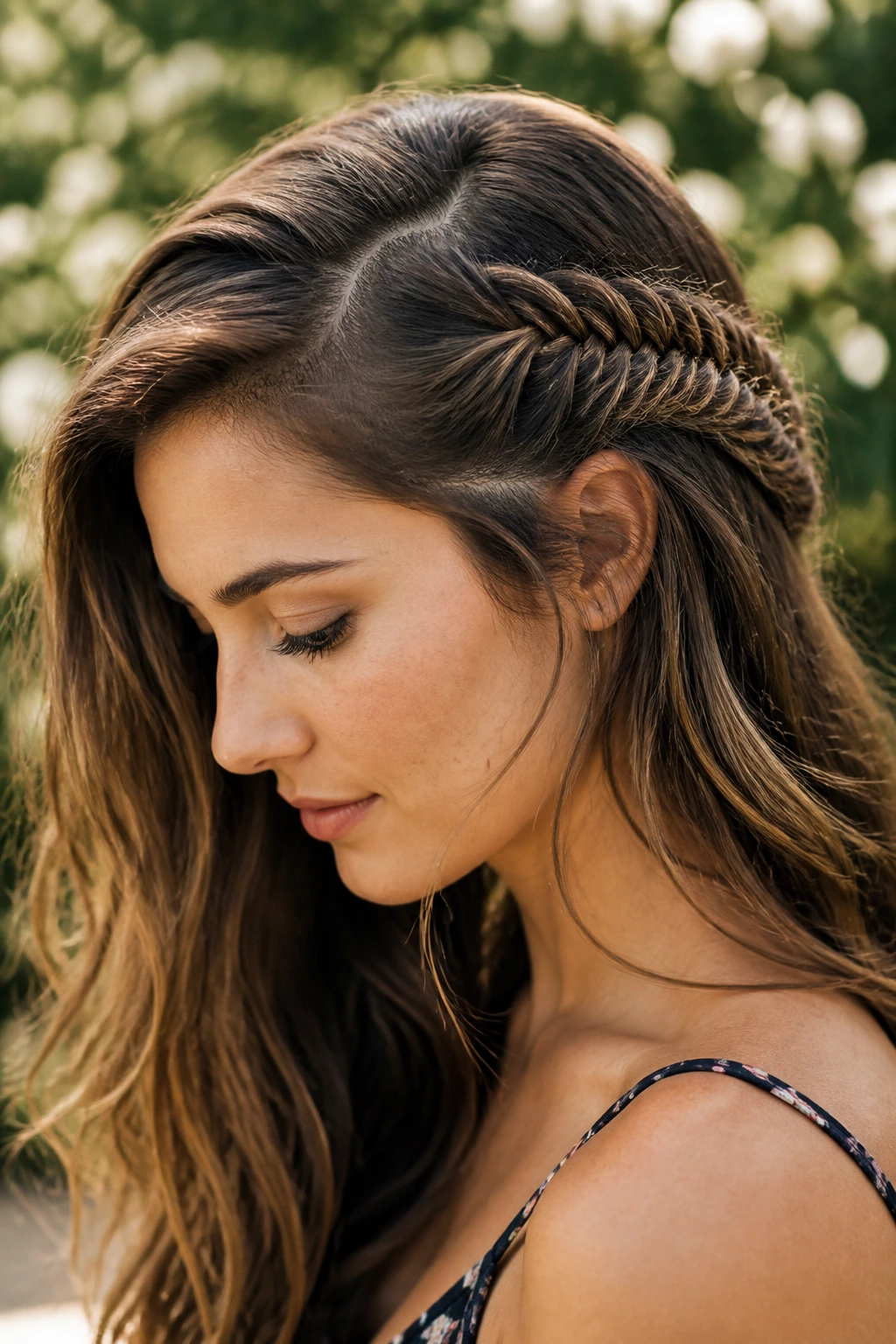 Real woman with a fishtail accent braid tucked by the ear in a sunlit garden.