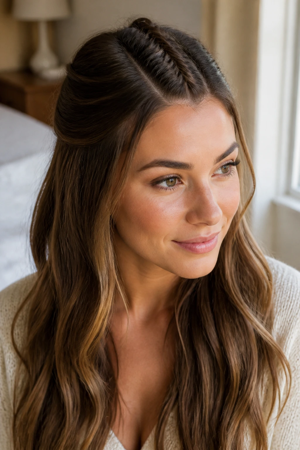 Close-up of a real woman with a fishtail accent braid in half-down hair