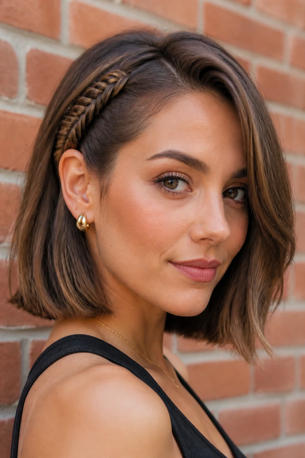 Close-up of a real person showing a fishtail accent halo behind the ear with a bob