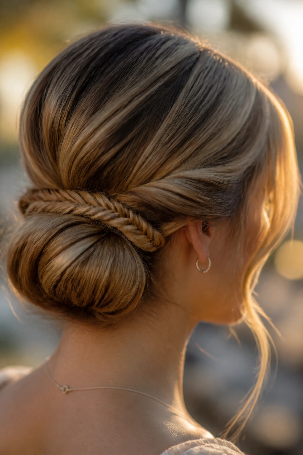 Low bun with fishtail braid accent on thick hair