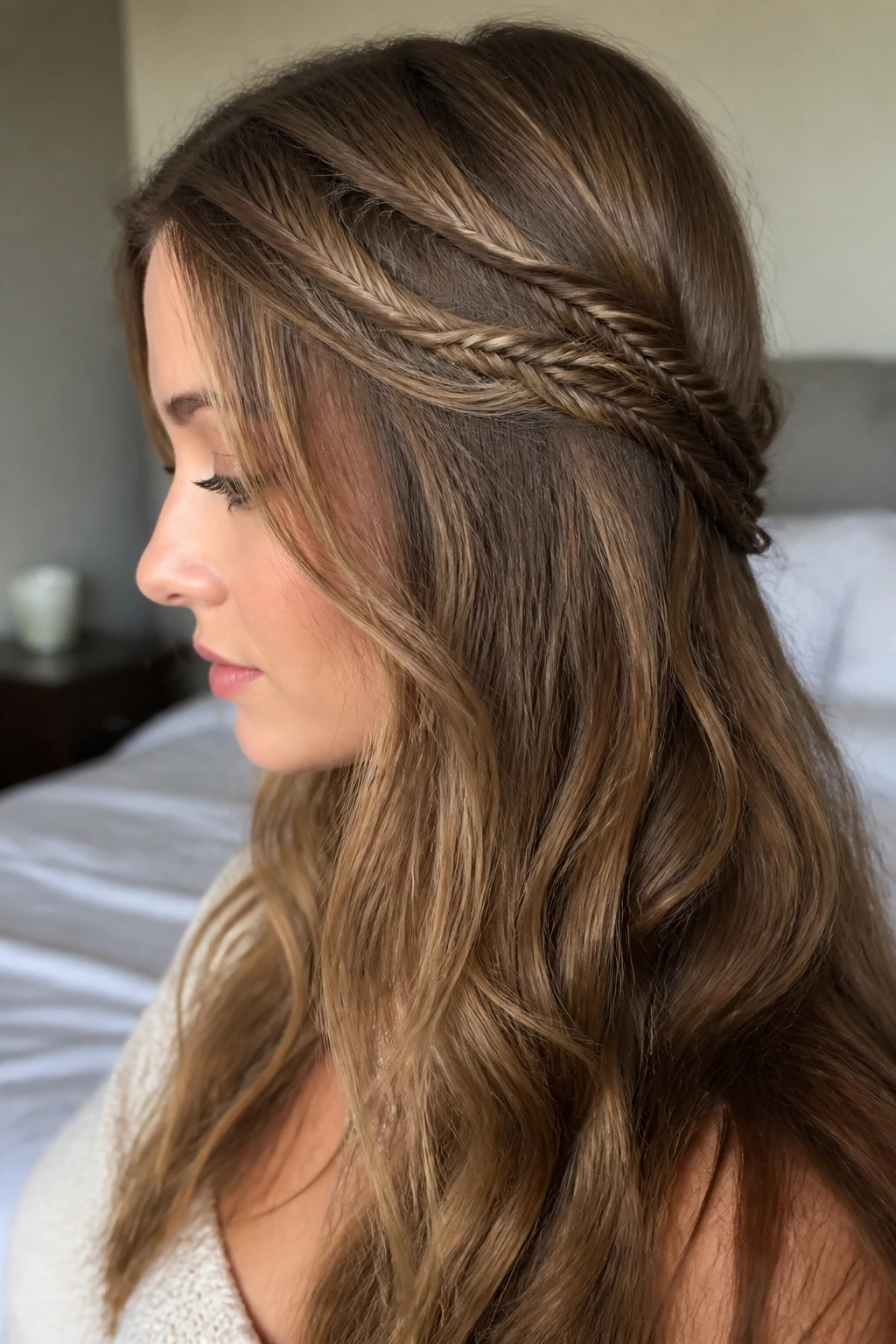 Close-up of two slender mini fishtail braids pulled back at temples into loose hair on a real person