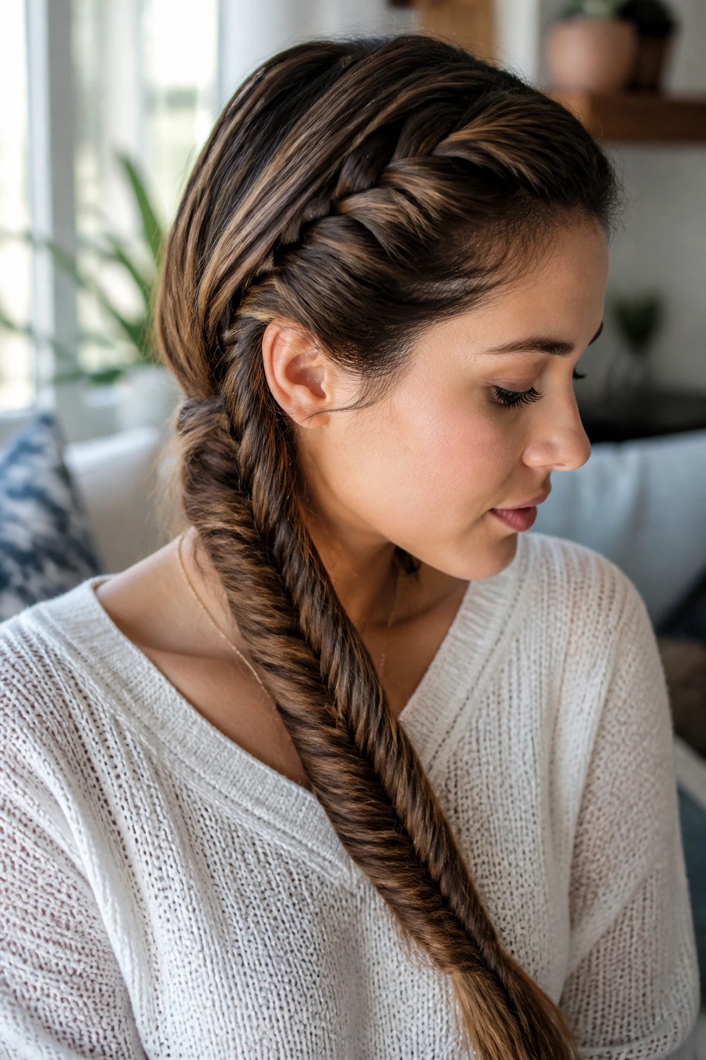 Close-up of a real woman's head showcasing a fishtail braid with an asymmetrical partition.