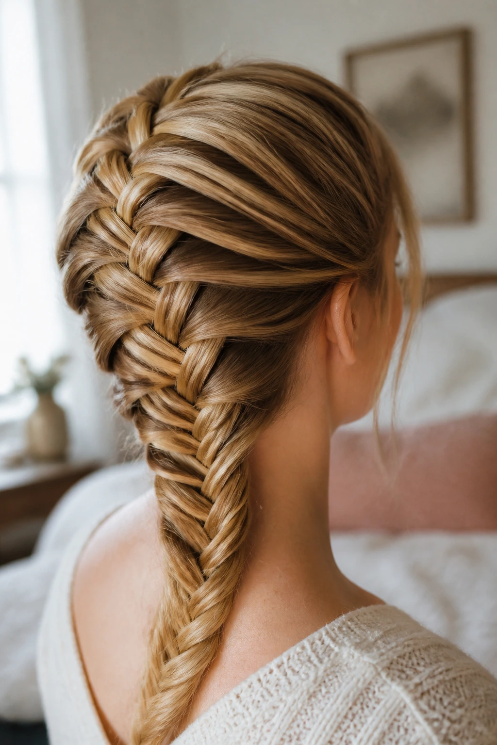 Close-up portrait of a real woman with a banana braid transitioning into a fishtail at the nape.