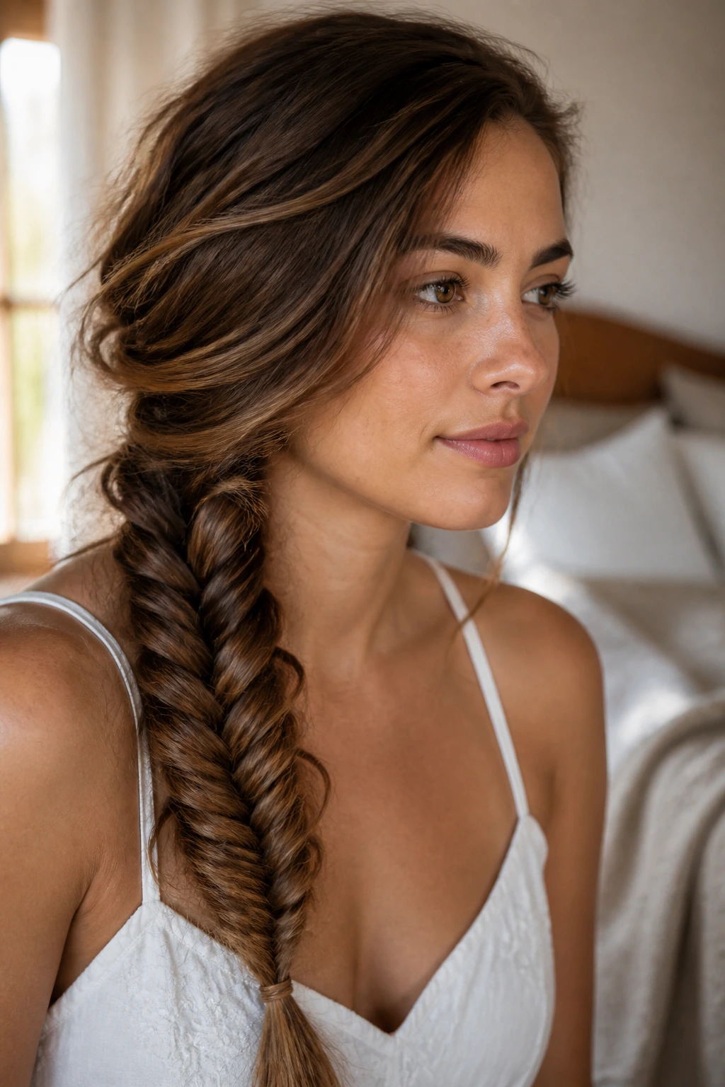 Close-up of a woman with a fishtail side-sweep braid on frizzy hair