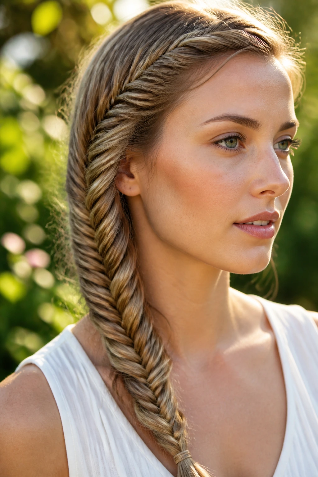 Close-up of a real woman with a side fishtail twist hairstyle.