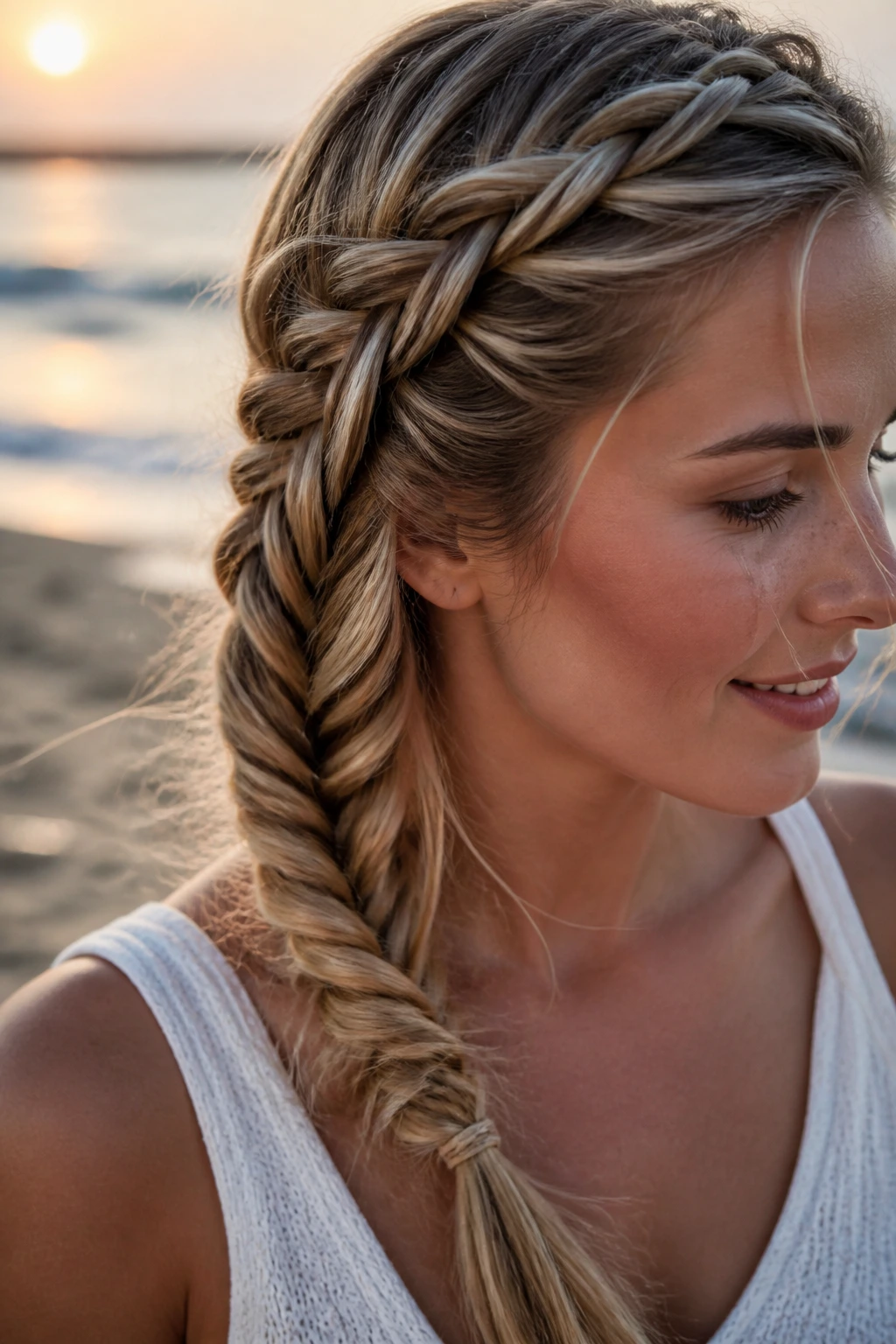 Close-up of a woman with a side-swept fishtail braid at the beach