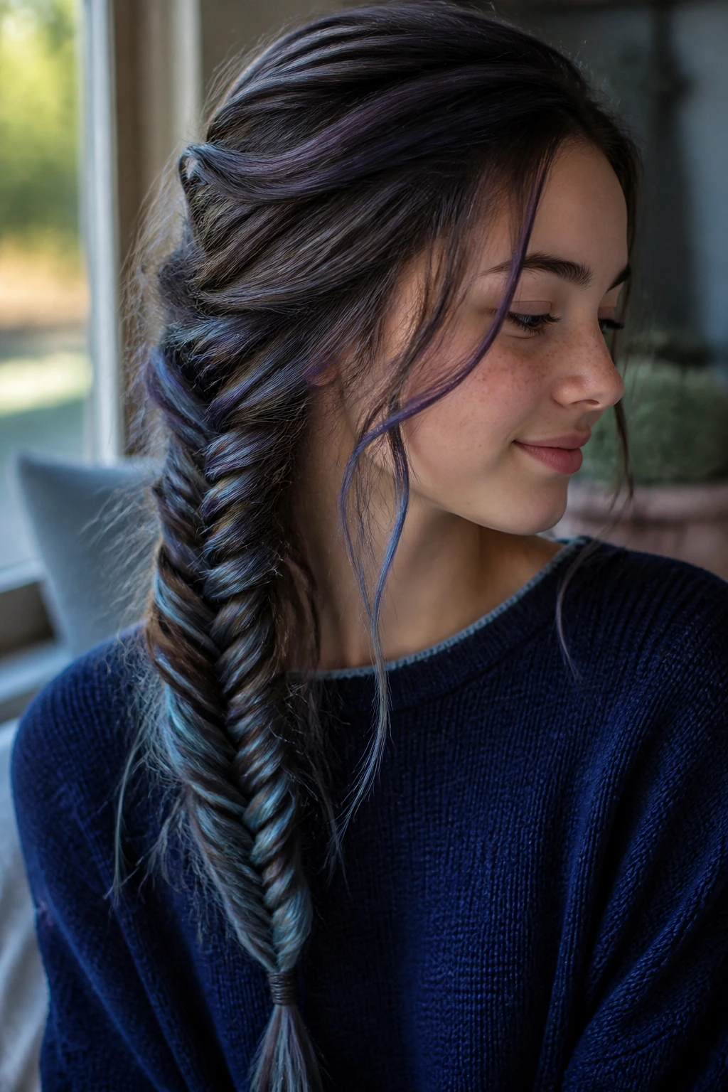 Real person with a messy fishtail side braid and blue highlights in a sunlit home setting
