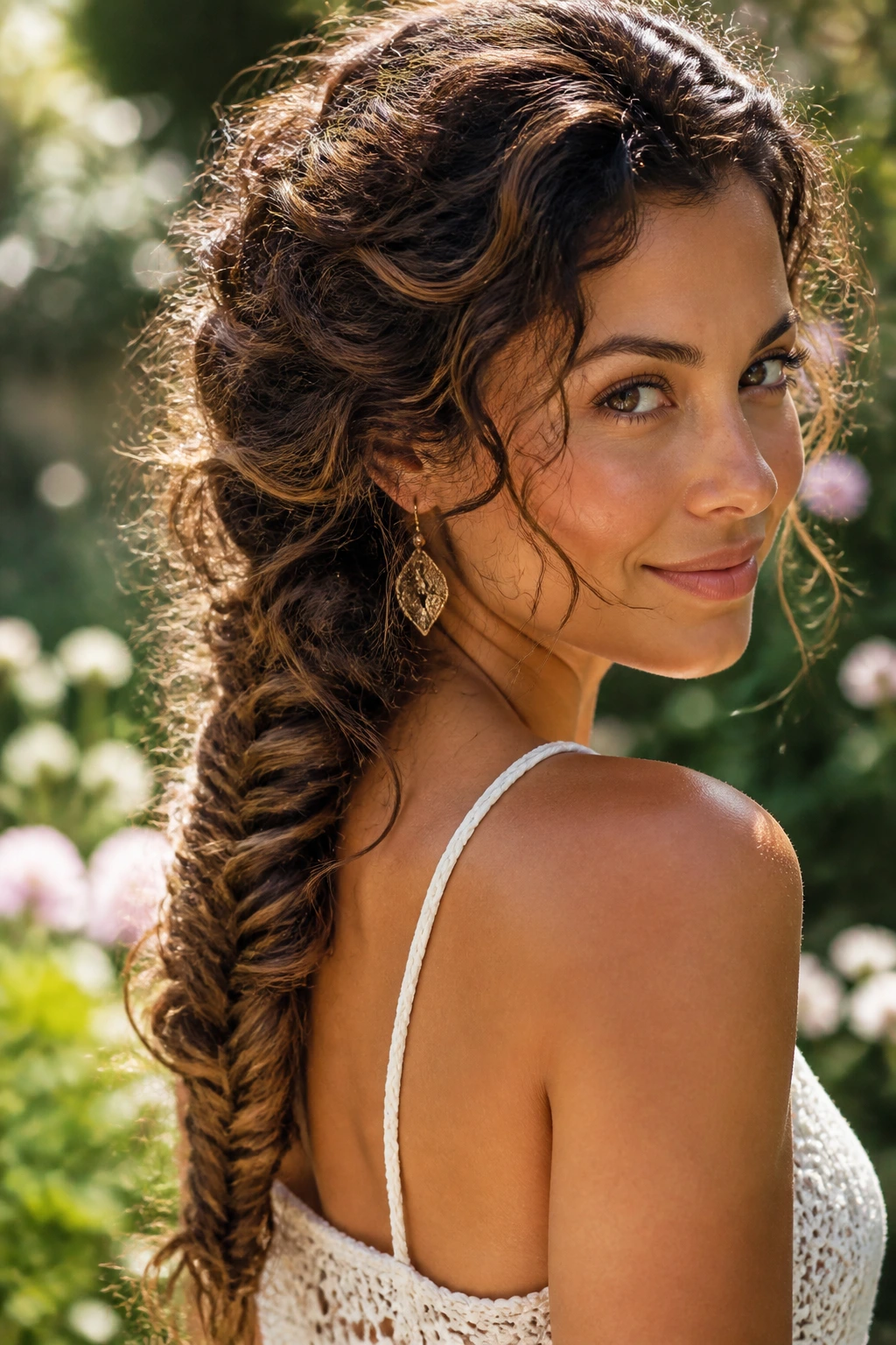 Close-up portrait of a real woman with a messy fishtail braid in boho style