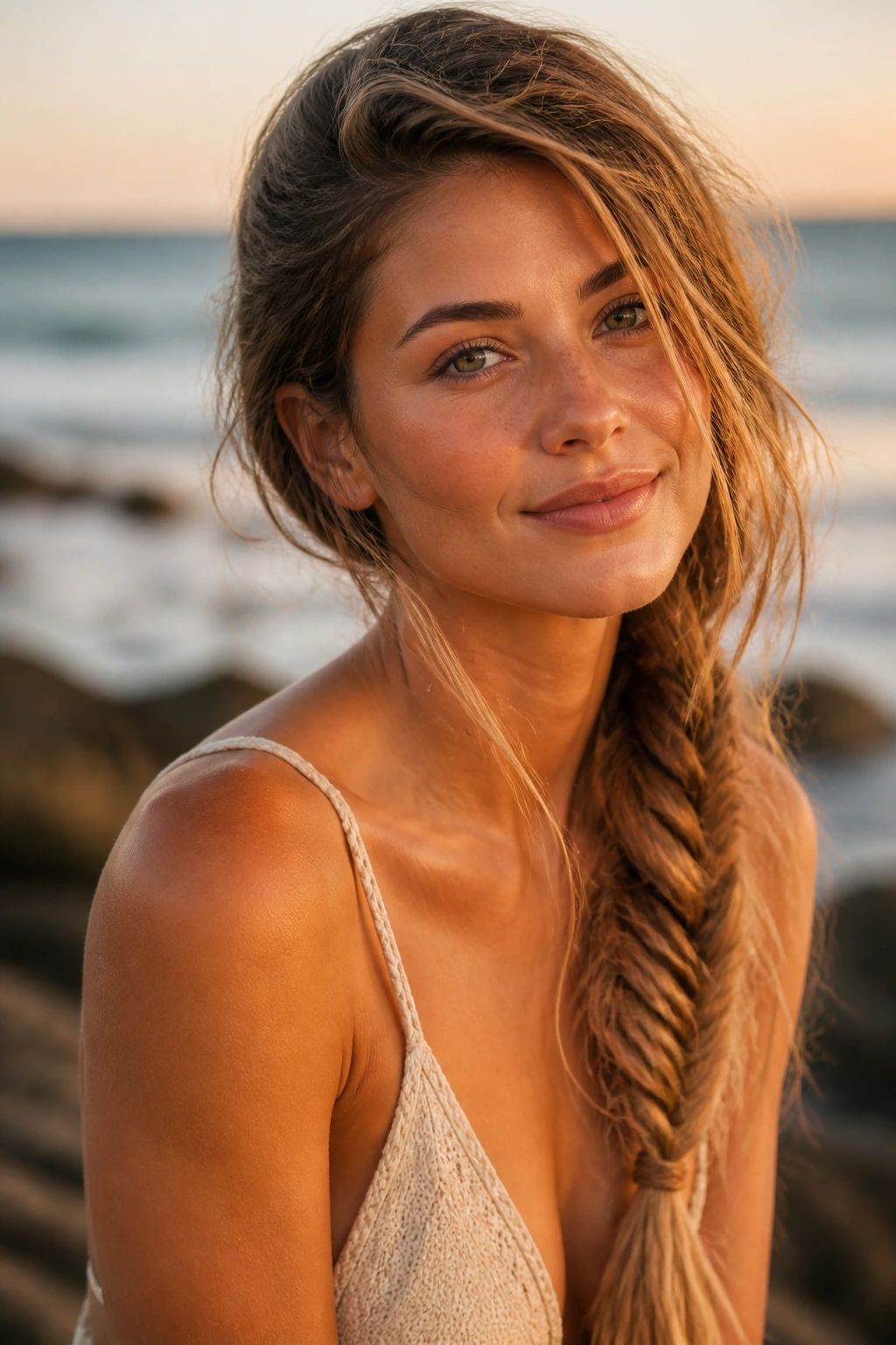Close-up of a woman with a messy boho side fishtail braid