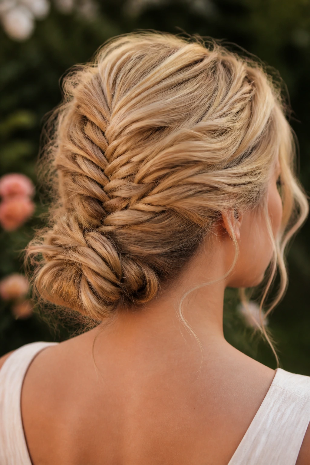 Rear view of blonde hair with a fishtail braid forming a messy bun at the back.