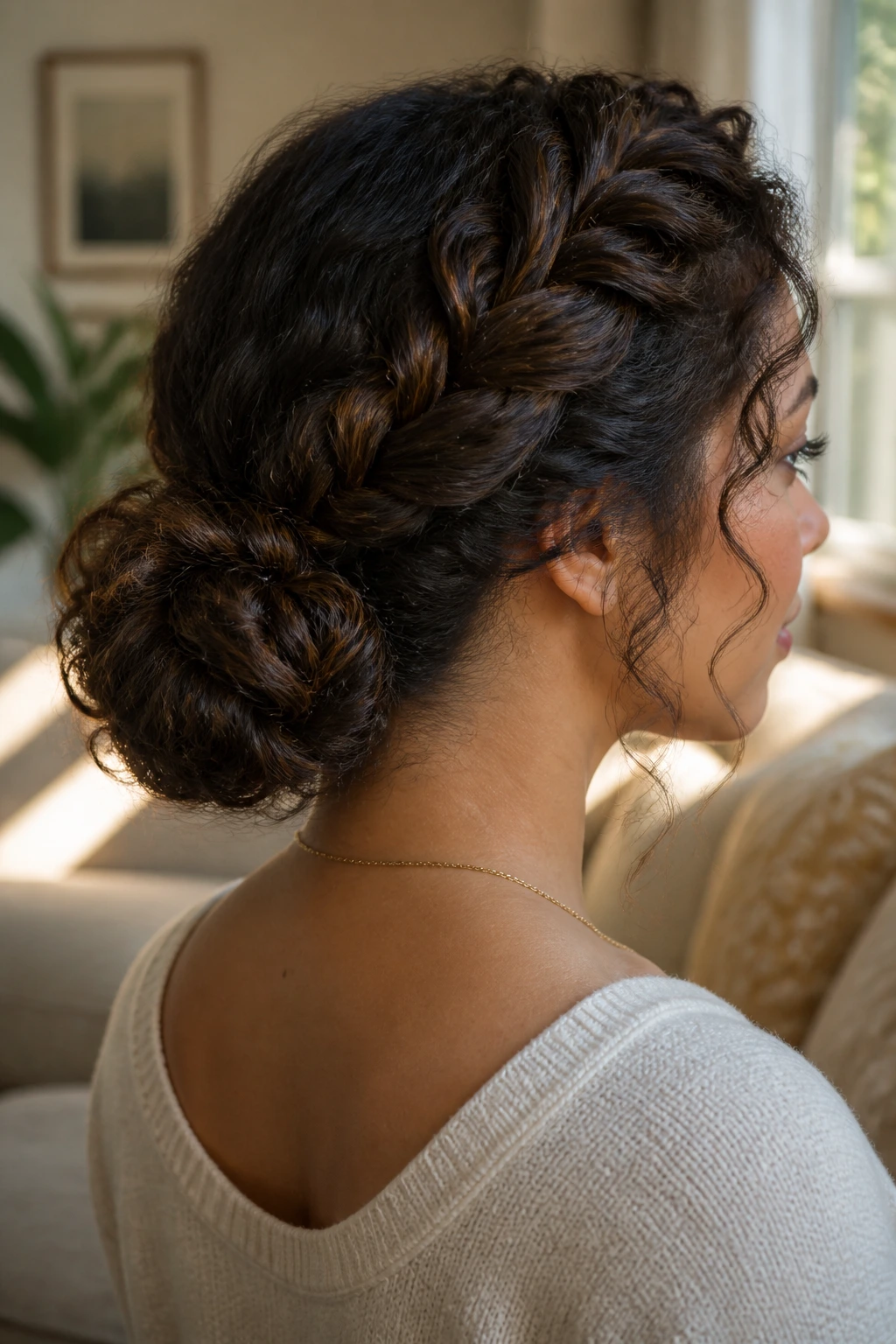 Portrait of a real woman with a fishtail braid shaped into a low messy bun at the nape