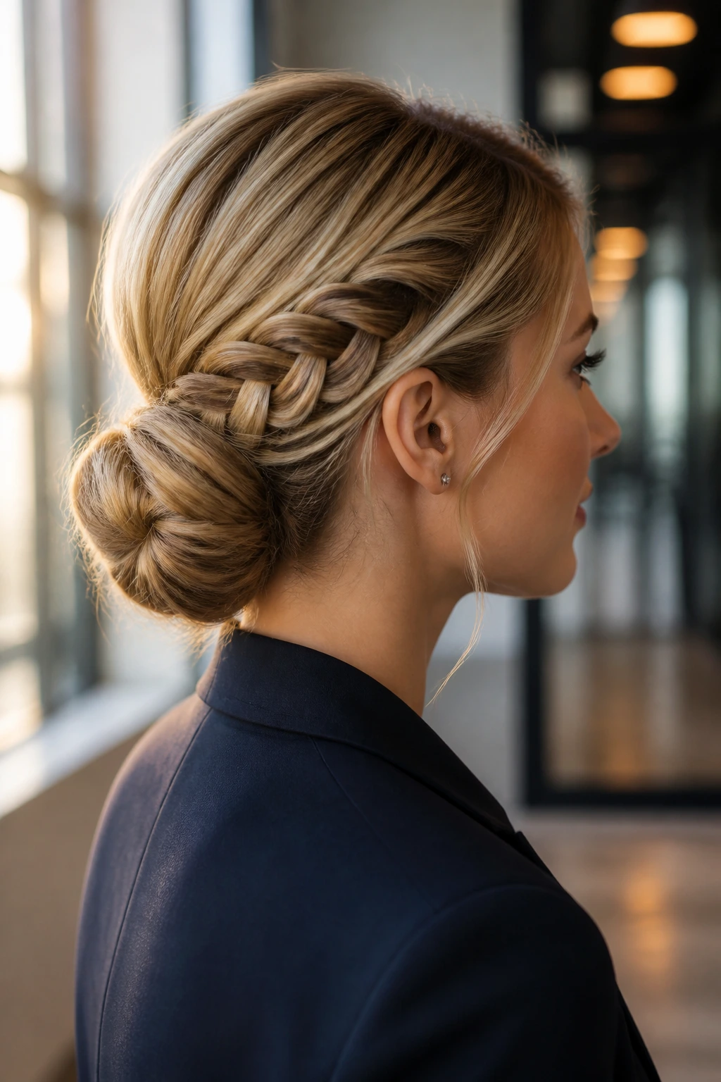 Profile portrait of a woman with a fishtail braid wrapped into a low chignon at the neck