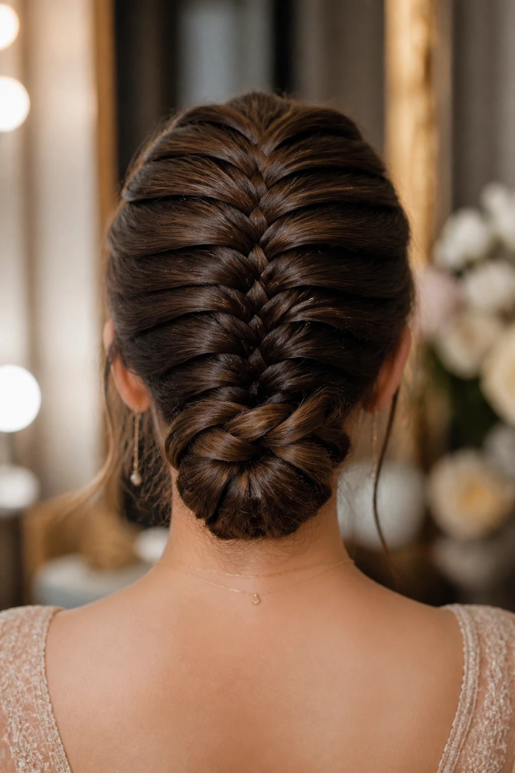 Back view of a fishtail braid forming a chignon at the nape on a real person
