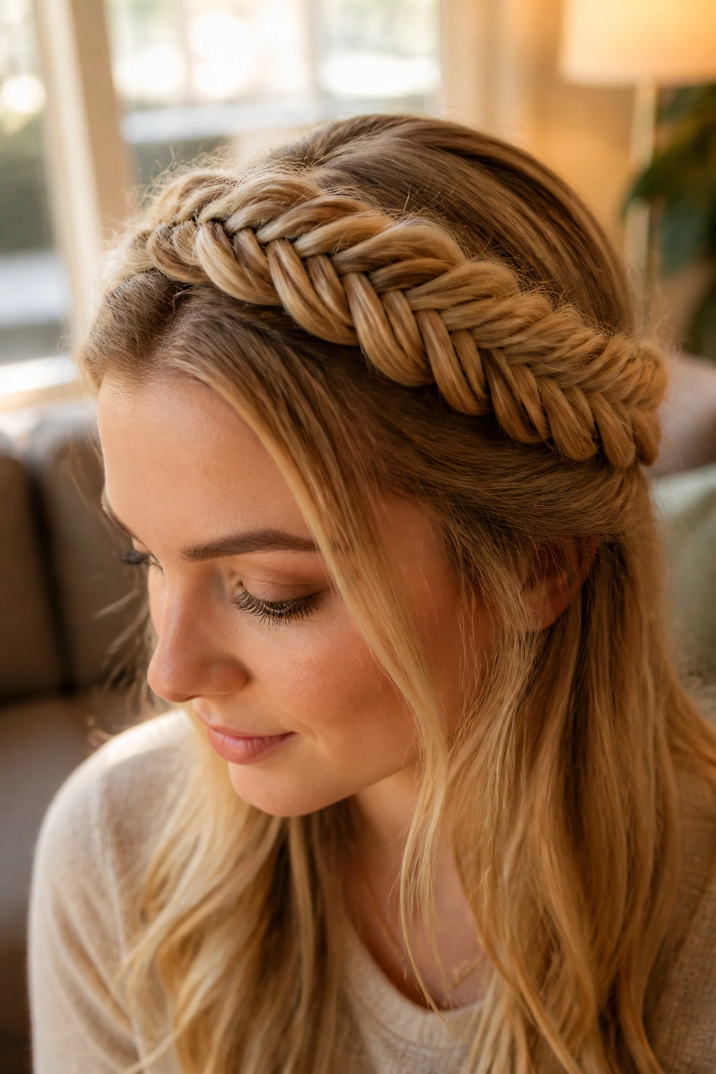 Close-up of a real woman with a fishtail crown braid around her head.