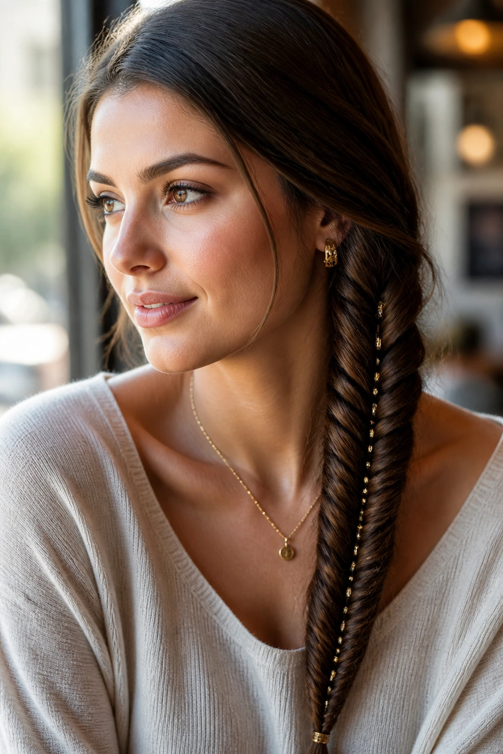 Close-up of a real woman with a fishtail side-braid featuring slim cuffs.