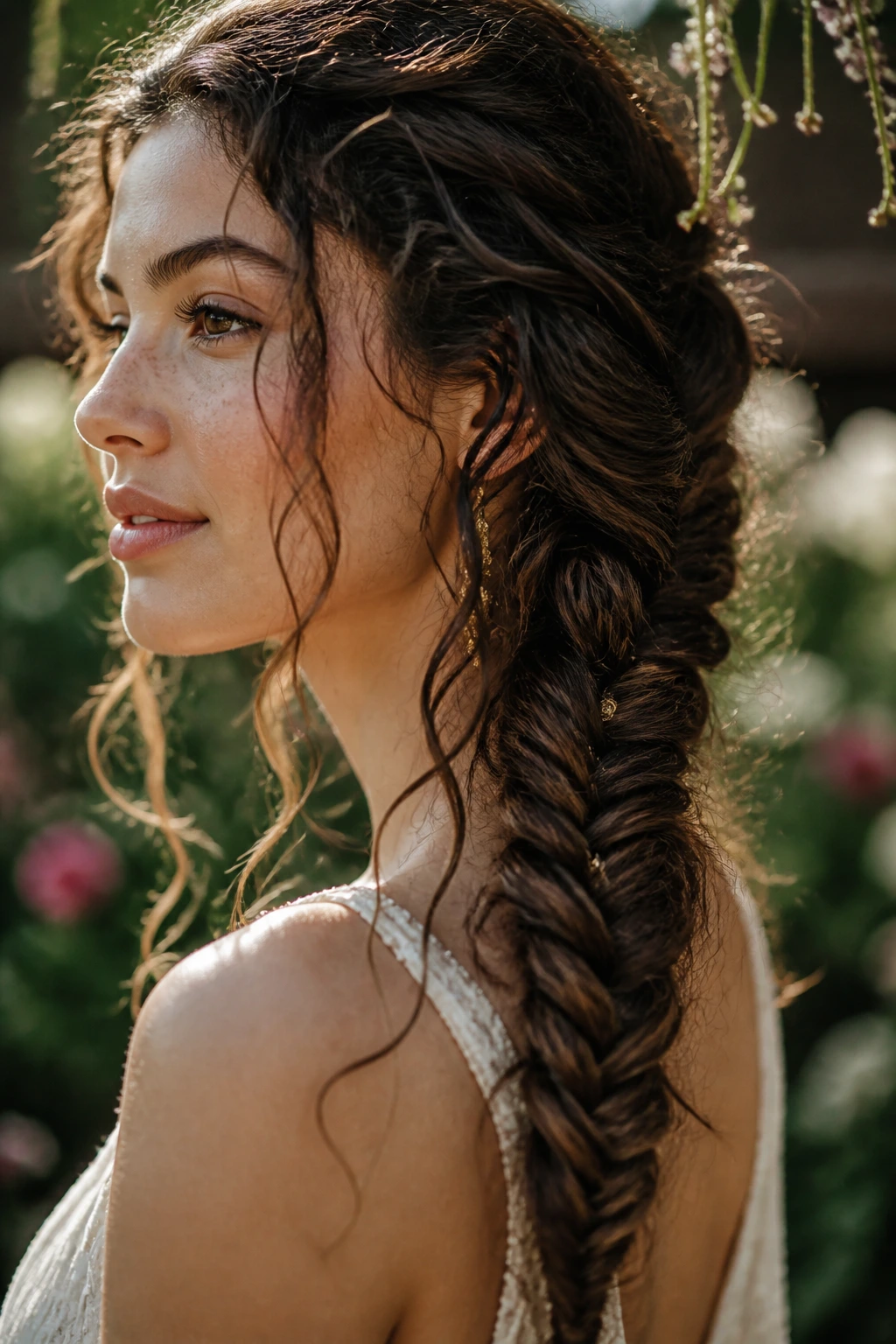 Close-up portrait of a real woman with a fishtail braid and loose tendrils