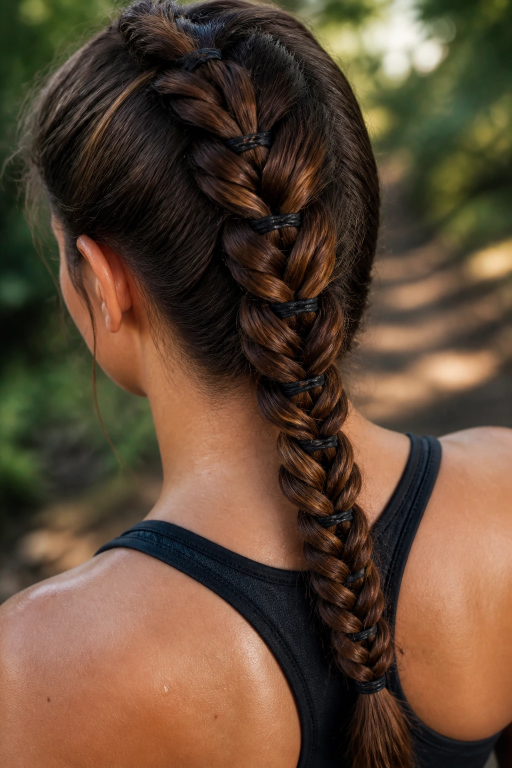 Close-up of a real woman with a fishtail braid and elastic bands at the nape outdoors