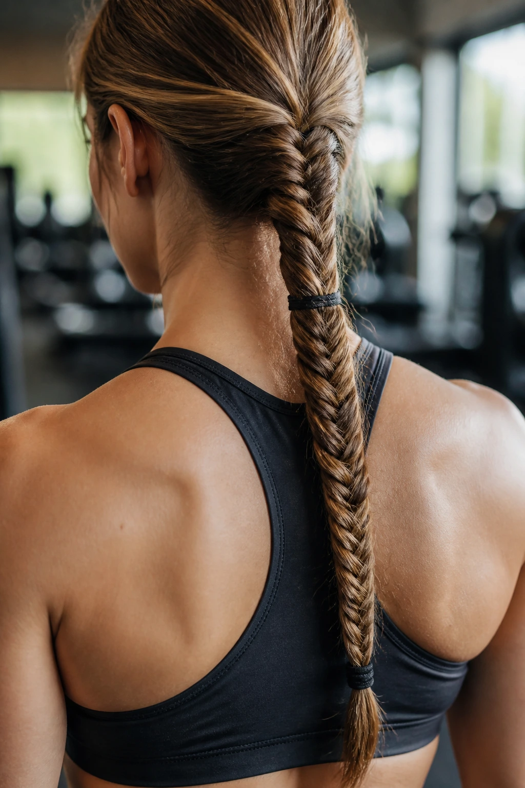 Real person with fishtail braid with elastics in gym setting