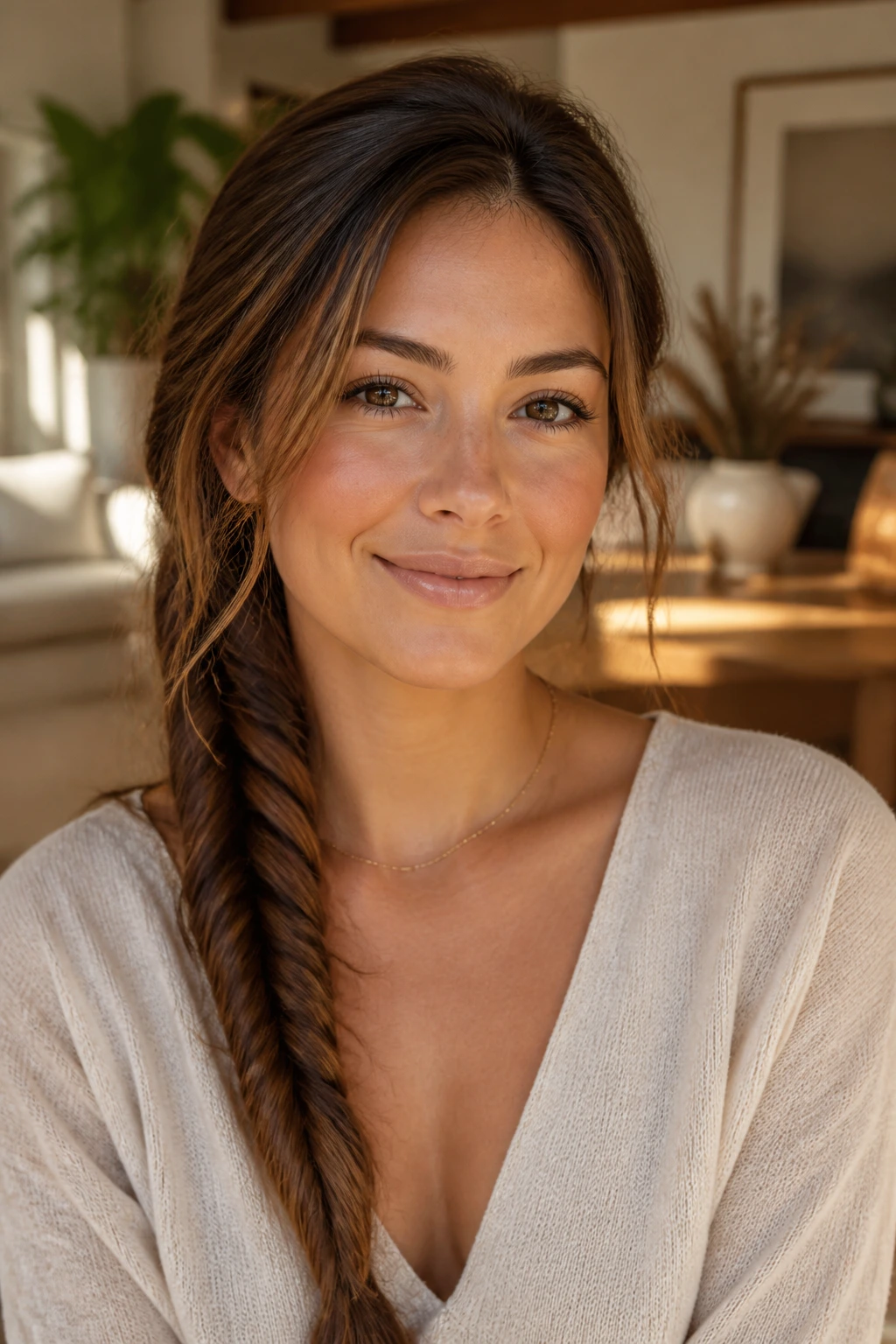 Close-up of a real person with a finished fishtail braid in a warm sunlit room
