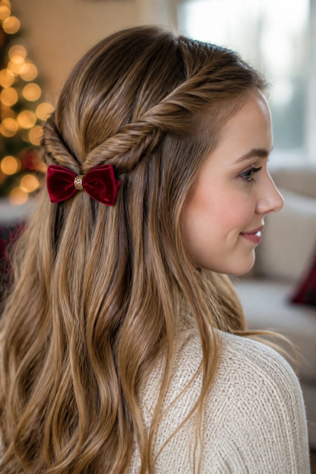 Close-up of a real person showing fishtail braided half-up hairstyle with a bow clip in a softly lit room.